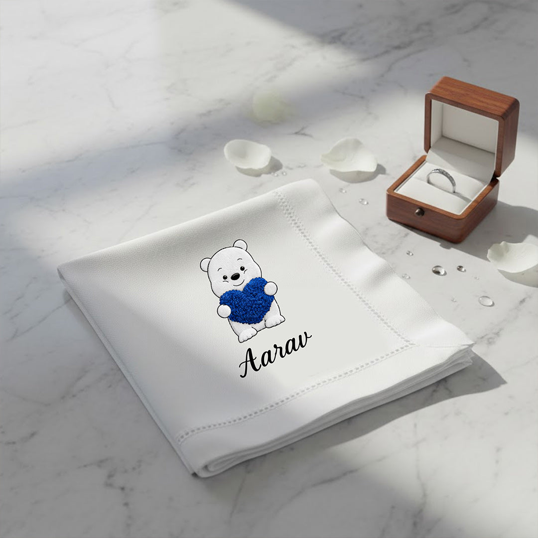 Personalized Baby Name Handkerchief with Teddy Design – Custom Soft Cotton Hanky Gift (Set of 1) | Love Craft Gifts