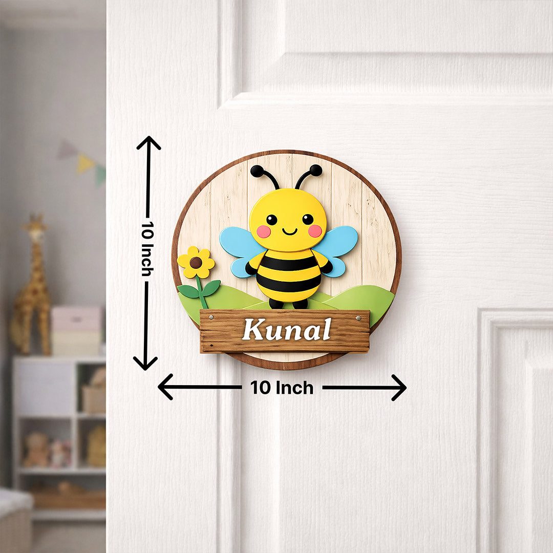 Personalized Kids Bee Name Wooden Door Sign Cute Cartoon Wall Decor 10x10" | Love Craft Gifts