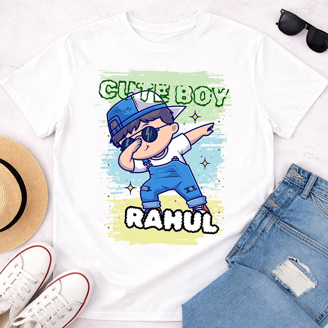 Personalized Cute Boy Name White T-Shirt – Custom Cartoon Boy Printed | Love Craft Gifts
