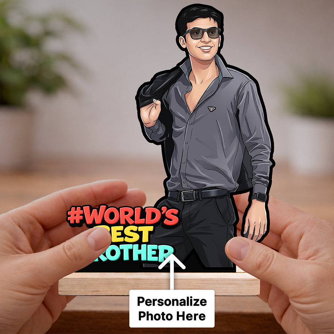 Personalized “World’s Best Brother” Wooden Cartoon Cutout Stand (6x8 Inch) Custom Photo Table Top Décor Gift for Brother | Love Craft Gifts