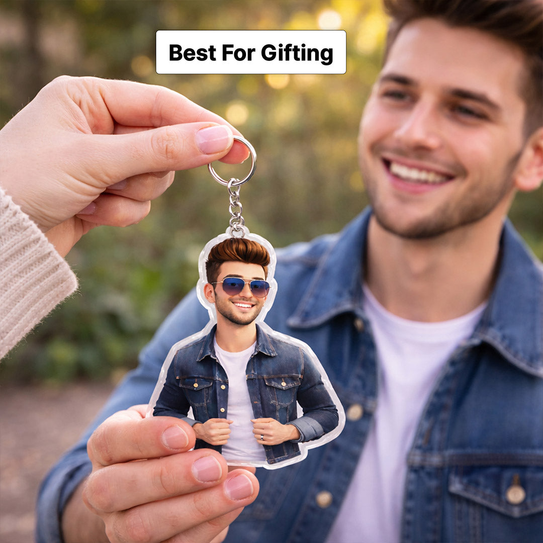 Personalized Boy Cartoon Acrylic Keychain – Custom Photo Stylish Character Keyring (2x2.5 Inch) | Love Craft Gifts