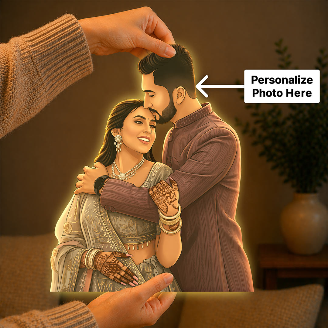 Personalized AI Cartoon Wooden 3D LED Photo Cutout Gift for Couple (14 x 24 Inch) – Custom Wedding Photo LED Lamp for Anniversary, Bride & Groom Gifts | Love Craft Gifts™