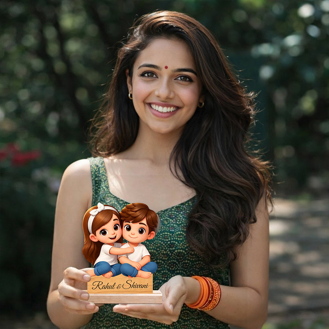 Personalized Couple Cartoon Cutout Table Stand – Custom Name Wooden Desk Décor (6x7 Inch) | Love Craft Gifts