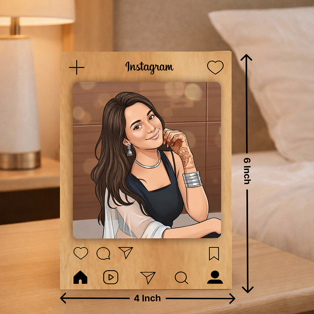 Personalized Instagram Wooden Photo Frame Table Stand – Custom Cartoon Photo Frame Gift (4x6 Inch) for Girls, Friends & Couples | Love Craft Gifts