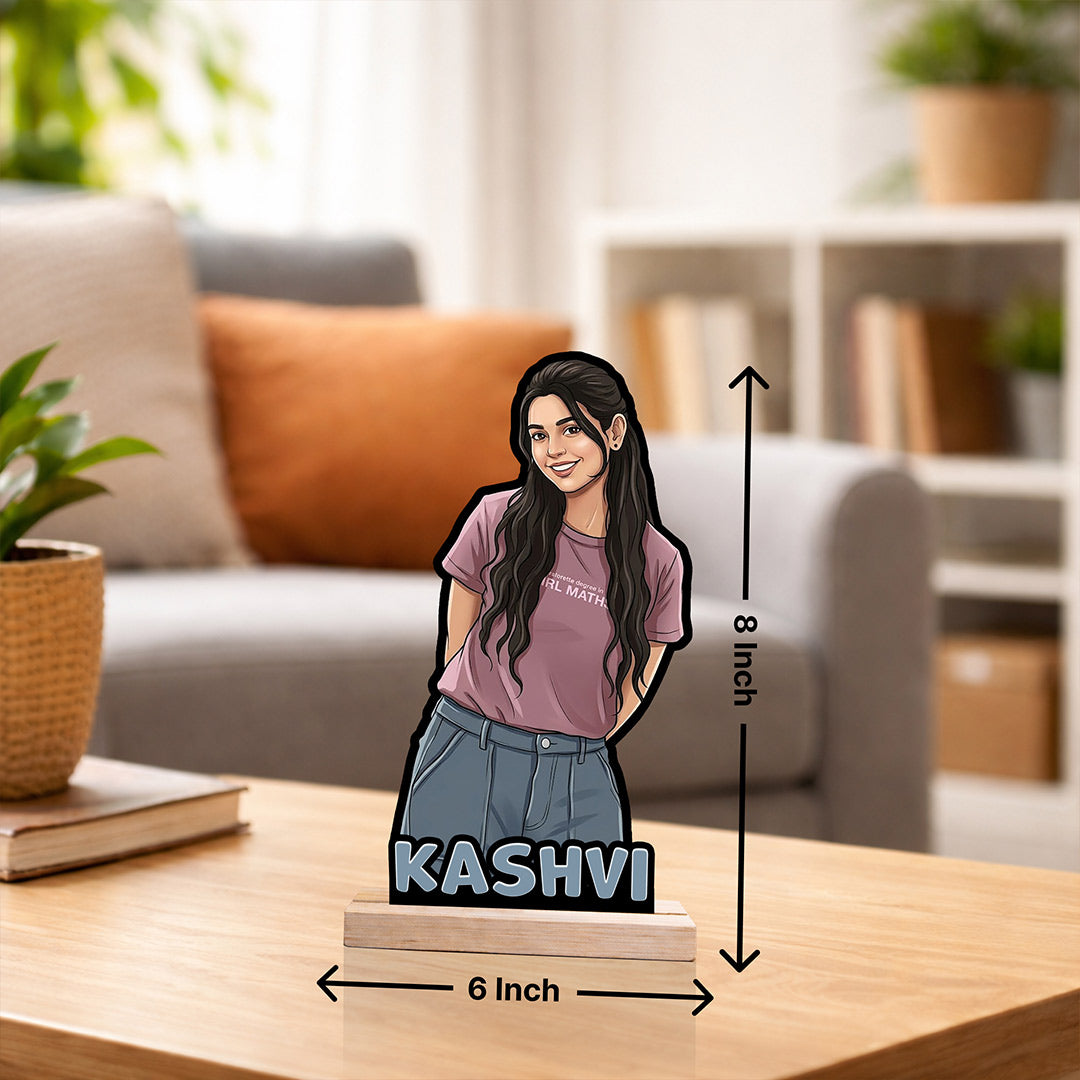 Personalized Cartoon Girl Photo Wooden Table Stand with Name (8 Inch) Custom Portrait Desk Décor Gift for Girlfriend, Sister & Best Friend | Love Craft Gifts