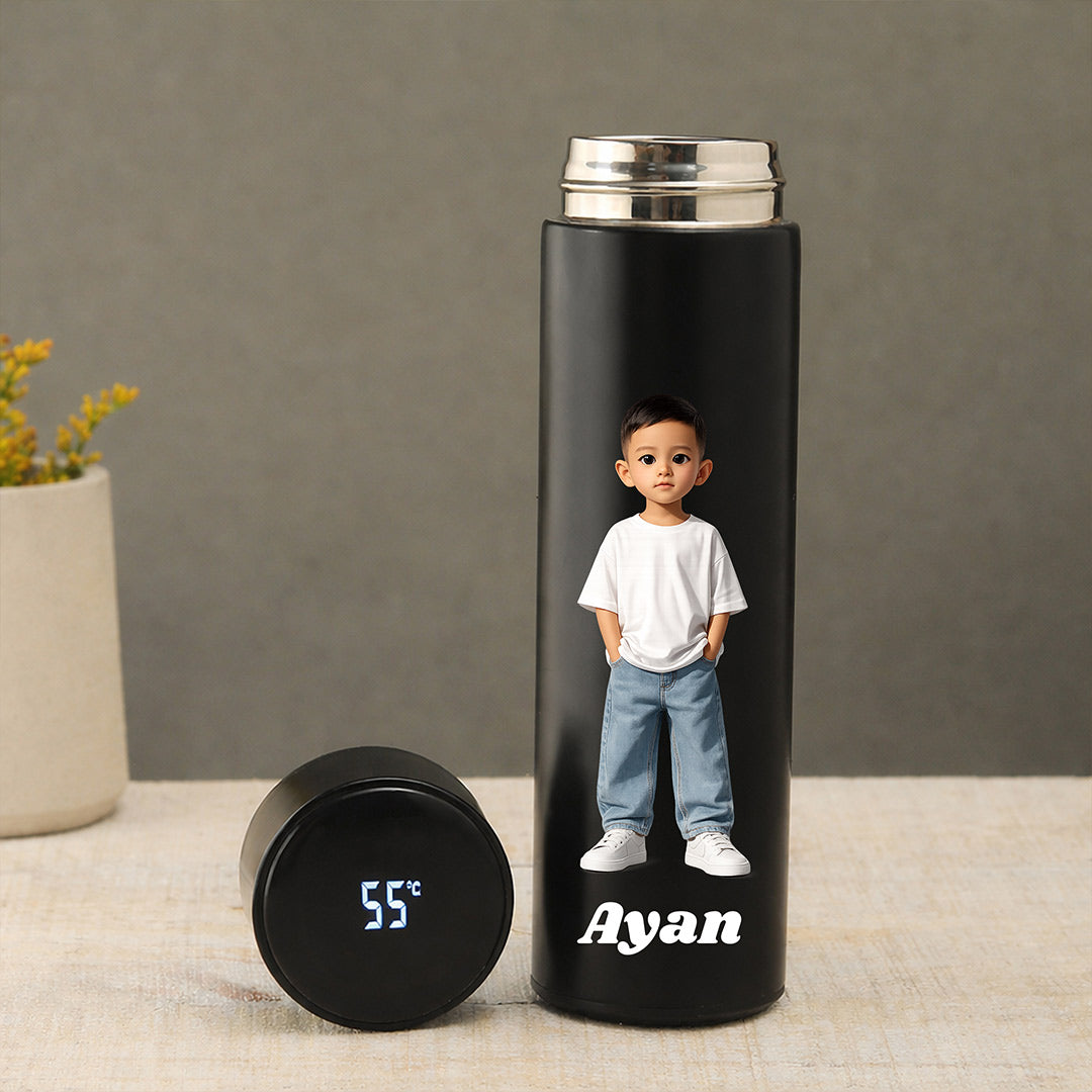 Personalized Temperature Water Bottle with Cartoon Photo & Name Custom Print Matte Black 500ml Stainless Steel LED Display Bottle Gift for Kids & Boys | Love Craft Gifts