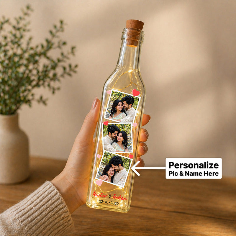 Personalized 3 Photo LED Bottle Lamp (Standard Size) – Custom Couple Memory Light with Name & Date | Love Craft Gifts™