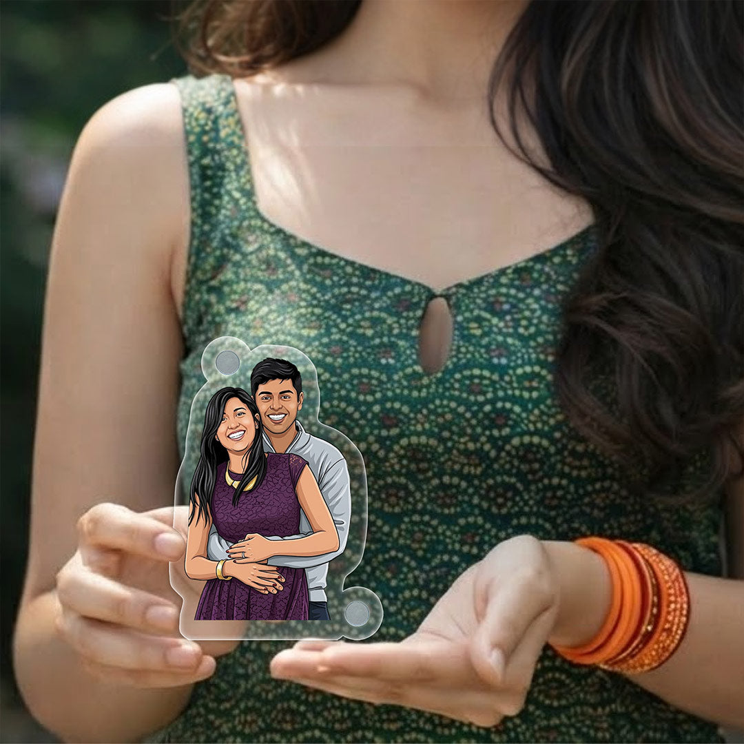 Personalized Acrylic Photo Fridge Magnet with Custom Cartoon Photo Print (3x3 Inch) Cute Refrigerator Magnet Gift for Couple, Husband & Wife | Love Craft Gifts