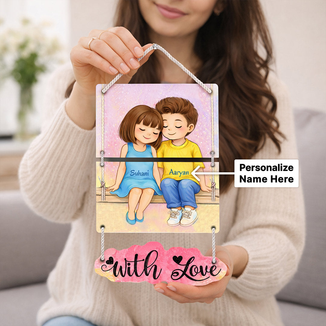 Personalized Cute Couple Cartoon Hanging Frame – Custom Name Romantic Wall Décor (14x9 Inch) | Love Craft Gifts