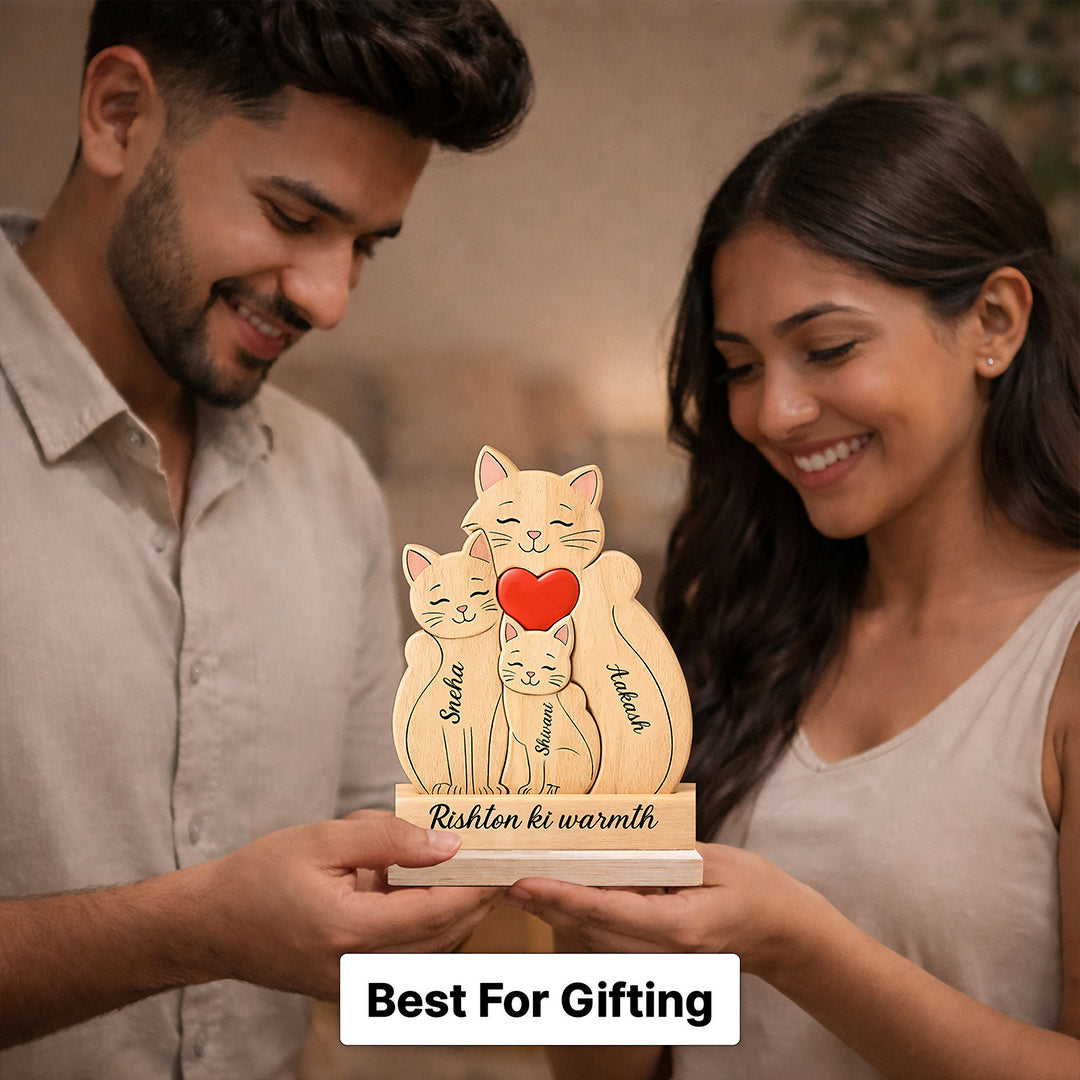Personalized “Rishton Ki Warmth” Wooden Family Cats Name Stand Custom Name Print (5x7 Inch) Cute Desk Decor Gift for Family, Couples & Kids | Love Craft Gifts