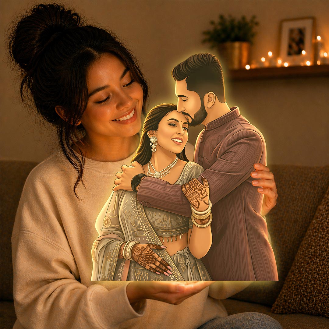Personalized AI Cartoon Wooden 3D LED Photo Cutout Gift for Couple (14 x 24 Inch) – Custom Wedding Photo LED Lamp for Anniversary, Bride & Groom Gifts | Love Craft Gifts™
