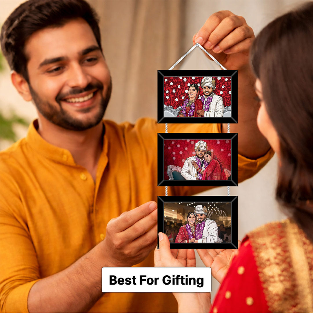 Personalized 3 Photo Hanging Frame – Custom Cartoon Couple Wall Décor (6x14 Inch) | Love Craft Gifts