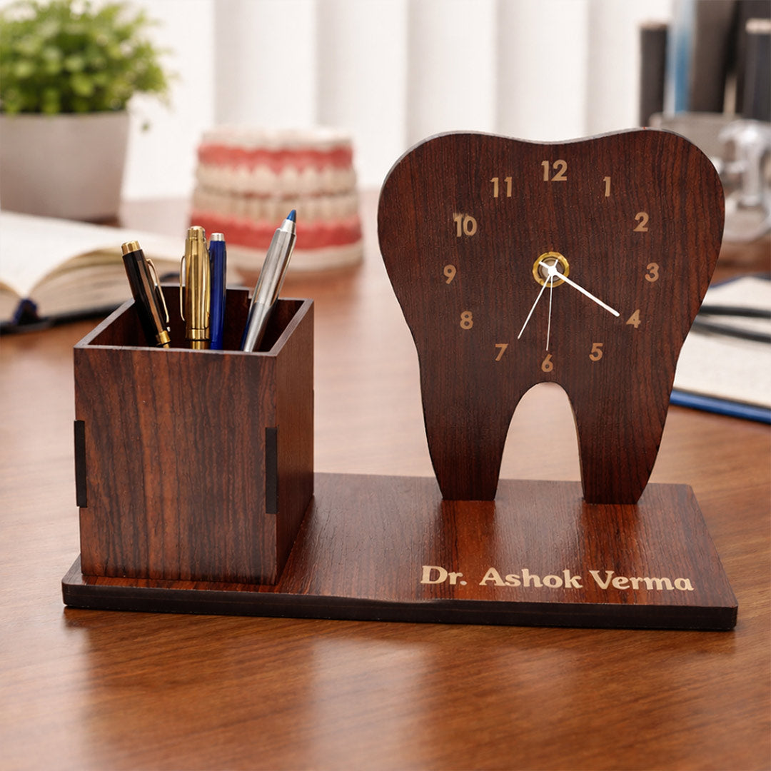 Personalized Dentist Tooth Wooden Table Organizer with Clock & Pen Holder (8x5 Inch) – Custom Name Desk Stand Gift for Doctor, Dentist Clinic Décor | Love Craft Gifts