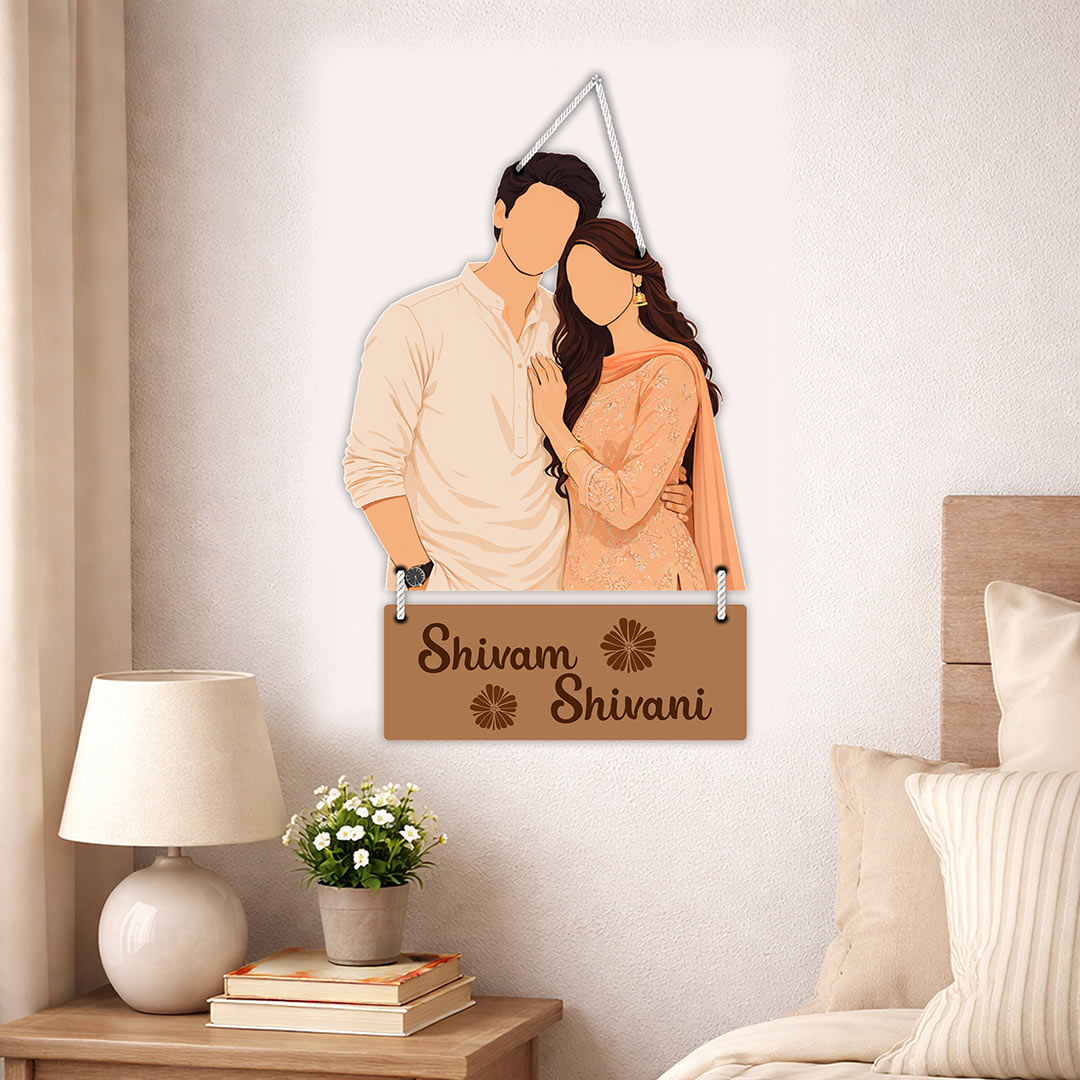 Personalized Faceless Couple Wooden Wall Hanging Frame – Custom Photo & Name Romantic Hanging Décor (8x12 Inch) | Love Craft Gifts