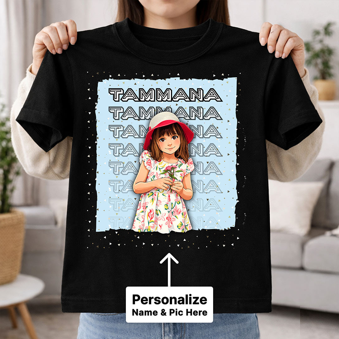 Personalized Cartoon Girl Name Black T-Shirt – Custom Girl Photo & Name Printed | Love Craft Gifts