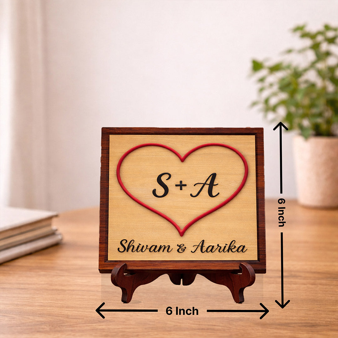 Personalized Couple Name Wooden Table Top Frame (6x6 Inch) Custom Initial Heart Design Plaque Gift for Couples | Love Craft Gifts
