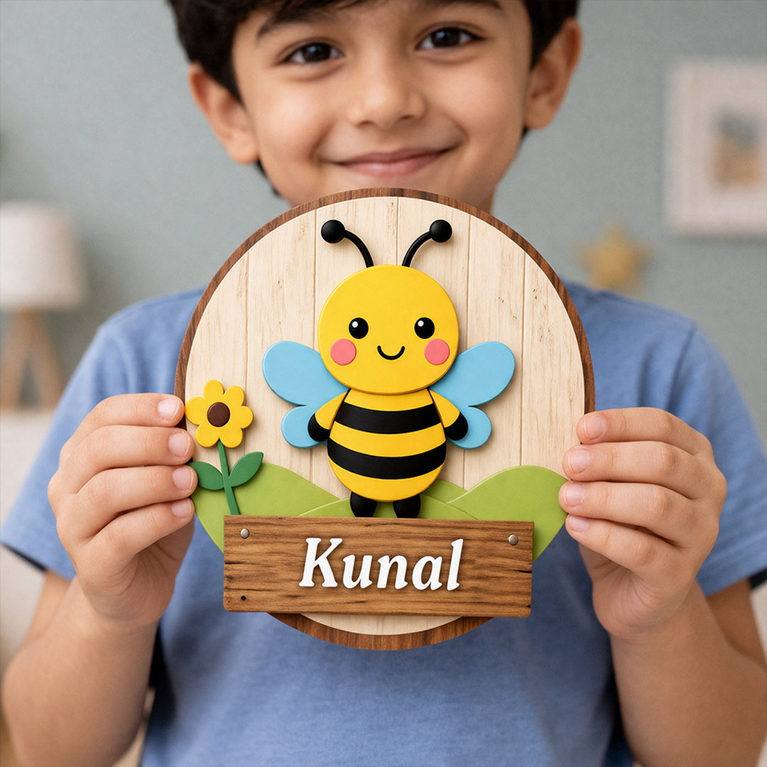 Personalized Kids Bee Name Wooden Door Sign Cute Cartoon Wall Decor 10x10" | Love Craft Gifts