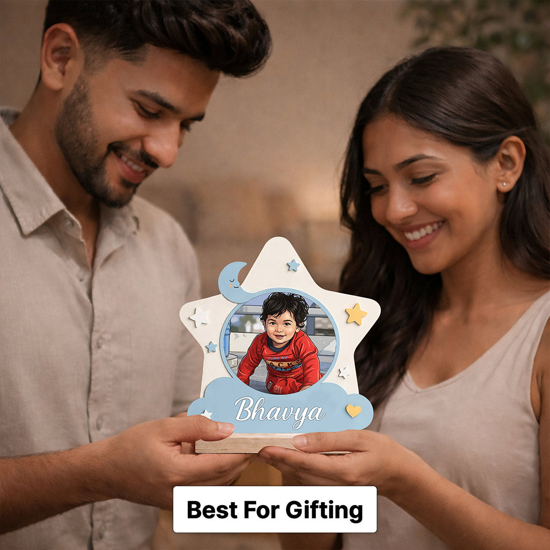 Personalized Kids Photo Name Star Table Top with Custom Cartoon Design (6x6 Inch) Cute Baby Desk Décor Gift | Love Craft Gifts