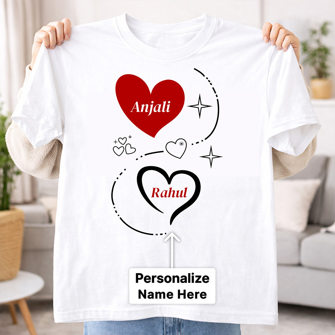 Personalized Couple Heart Name Print White T-Shirt – Unisex Casual Wear | Love Craft Gifts