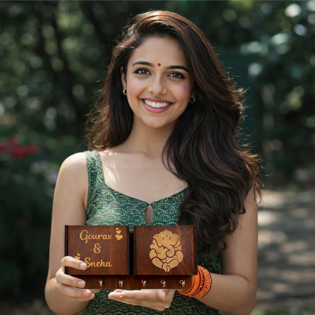 Personalized Wooden Key Holder & Phone Stand with Ganesha Design (8x4 Inch) Custom Name Engraved Wall & Desk Organizer Gift for Home | Love Craft Gifts