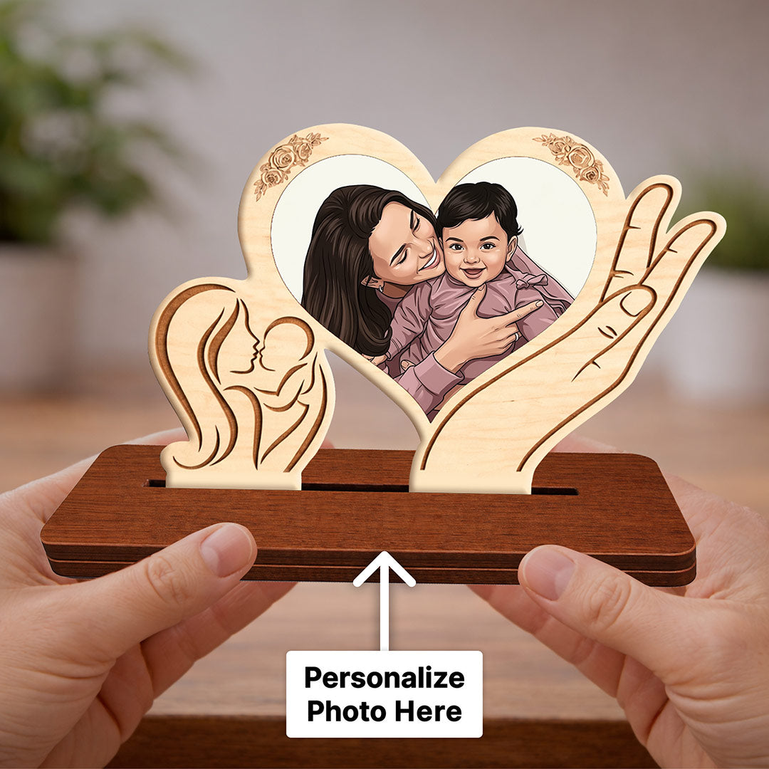 Personalized Mother & Baby Wooden Photo Table Stand (Heart Design) Custom Mom & Child Keepsake Gift for Mother’s Day, Birthday & New Moms | Love Craft Gifts