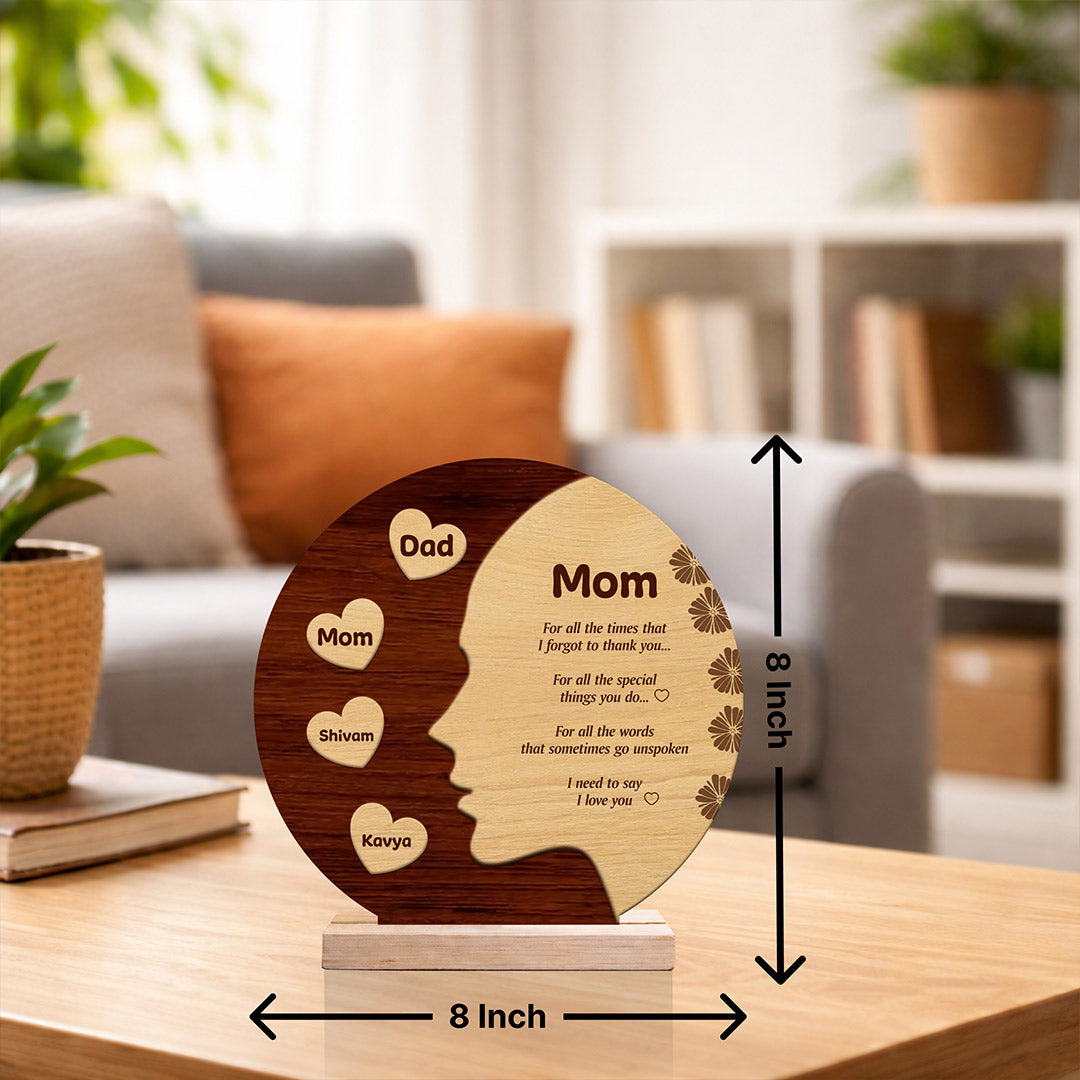 Personalized Mom Wooden Engraved Table Top with Custom Names (8x8 Inch) Emotional Mother Gift Décor | Love Craft Gifts