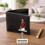 Personalized Men’s Leather Wallet with Cartoon Photo & Name Custom Print Black Bi-Fold Wallet Gift for Boys, Husband & Boyfriend | Love Craft Gifts