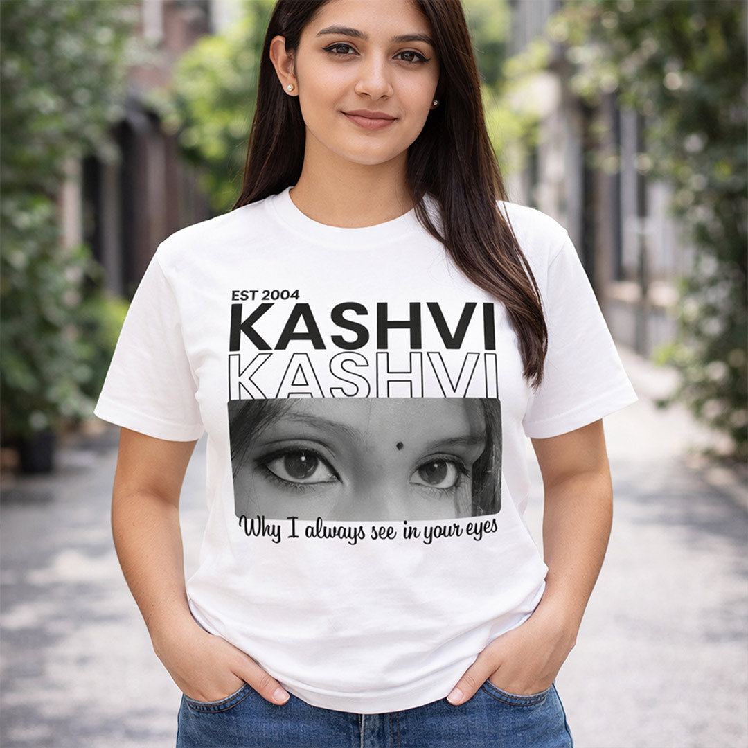 Personalized Name & Eye Photo Print White T-Shirt – Unisex Custom Wear | Love Craft Gifts