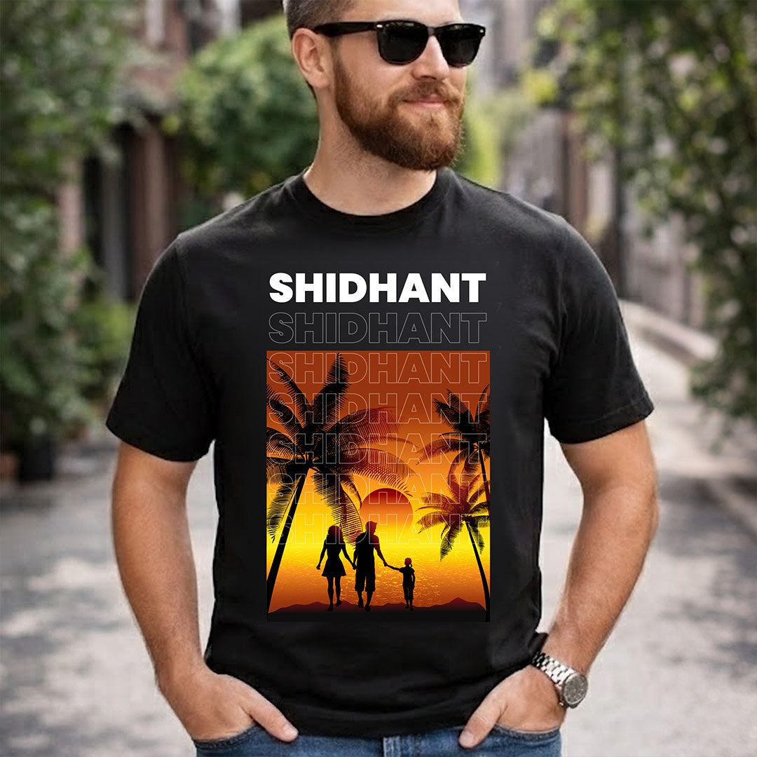 Personalized Sunset Family Silhouette Black T-Shirt – Custom Name Printed | Love Craft Gifts