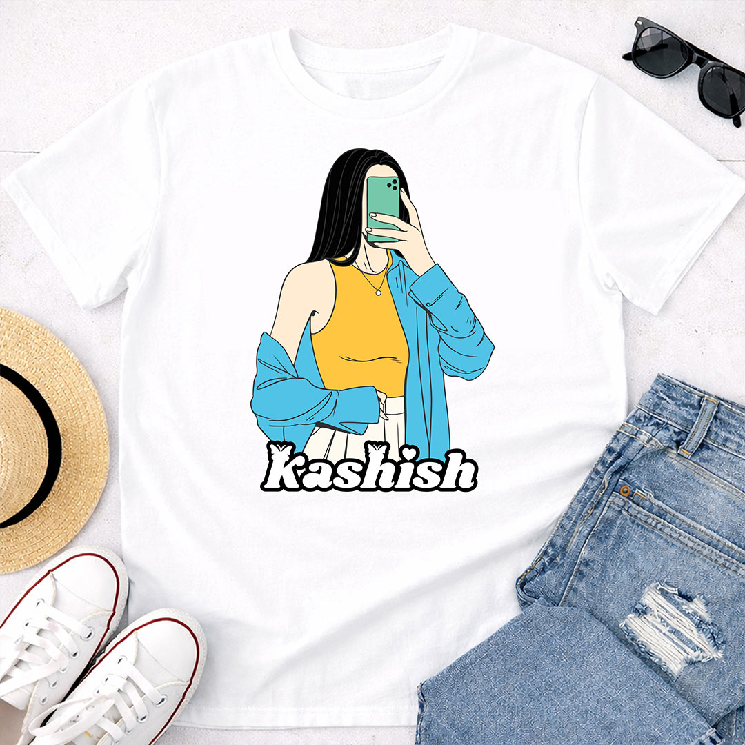 Custom Girl Illustration Name Print White T-Shirt – Personalized Unisex Casual Wear | Love Craft Gifts