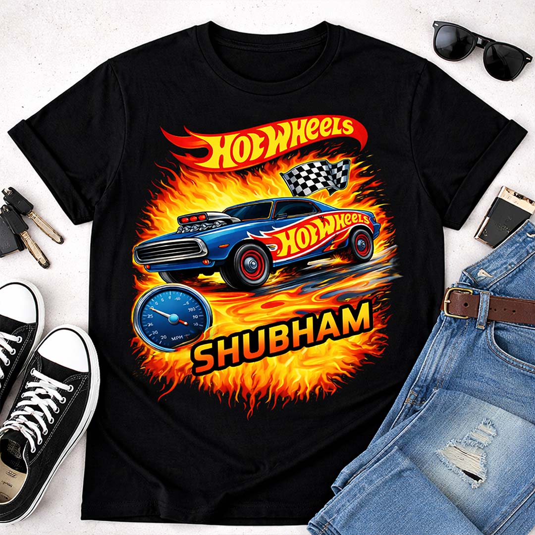 Personalized Hot Wheels Racing Car Name Print Black T-Shirt – Unisex Casual Wear | Love Craft Gifts