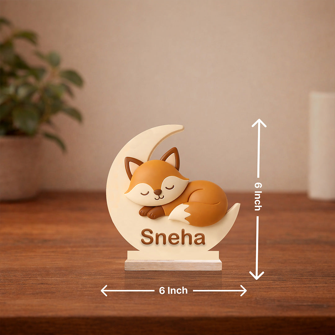 Personalized Cute Fox Moon Wooden Name Stand (6x6 Inch) Custom Name Kids Table Decor Gift for Girls, Baby & Kids Room | Love Craft Gifts