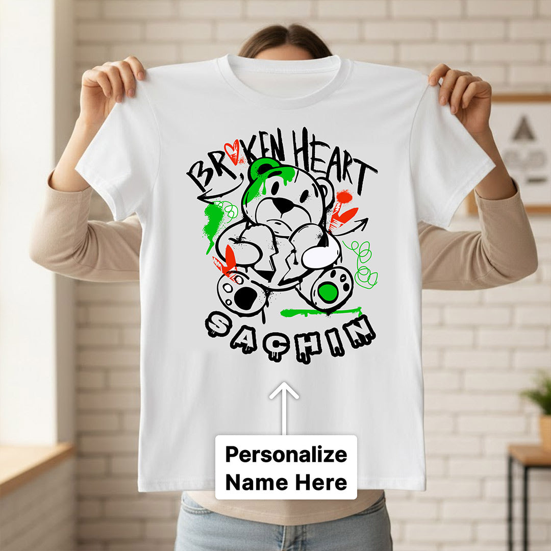 Personalized Broken Heart Teddy Kids T-Shirt – Custom Name Printed Cool Graphic Tee for Boys & Girls | Love Craft Gifts