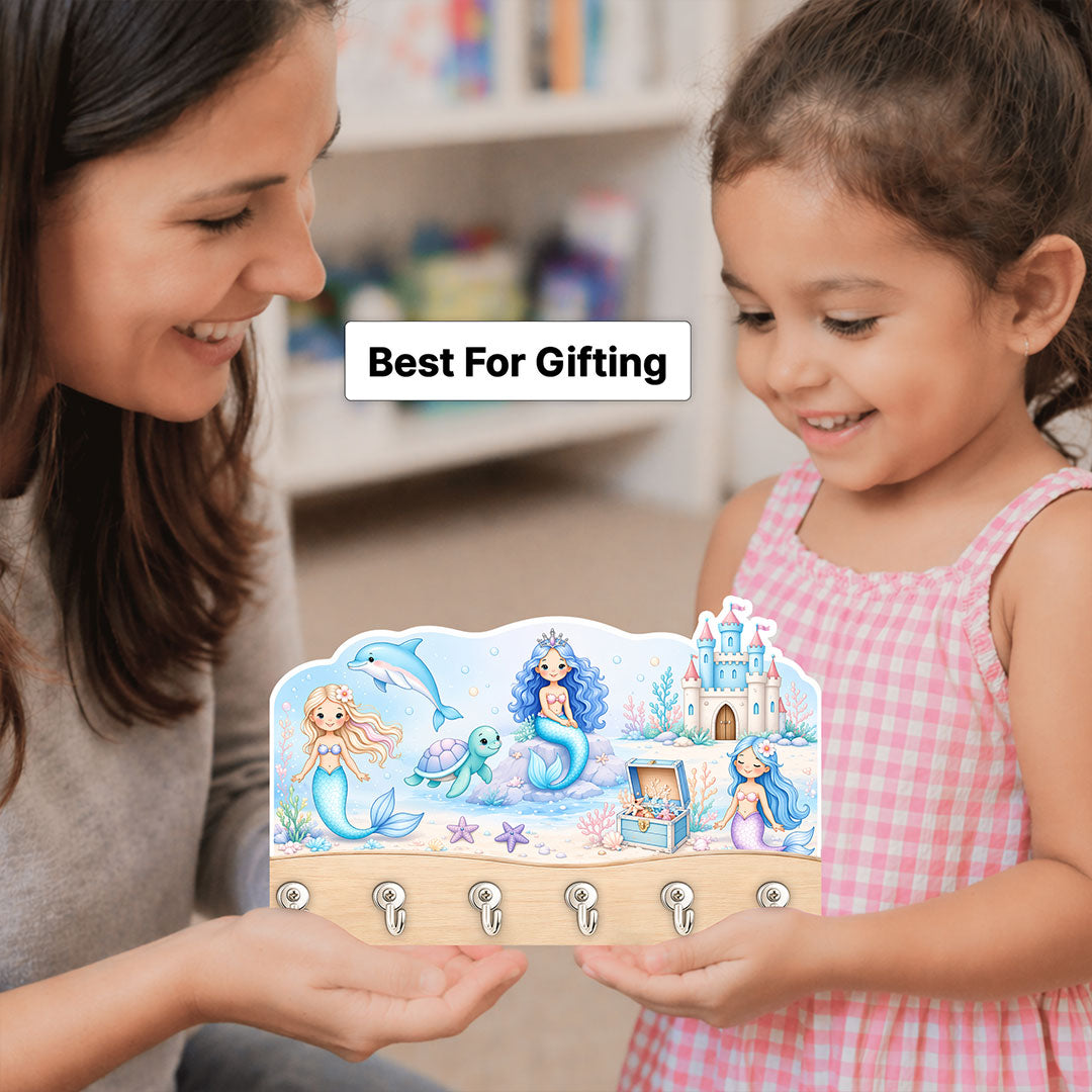 Personalized Mermaid Wooden Key Holder 10x6 Inch – Custom Name Kids Wall Hook Organizer Decor Gift | Love Craft Gifts™