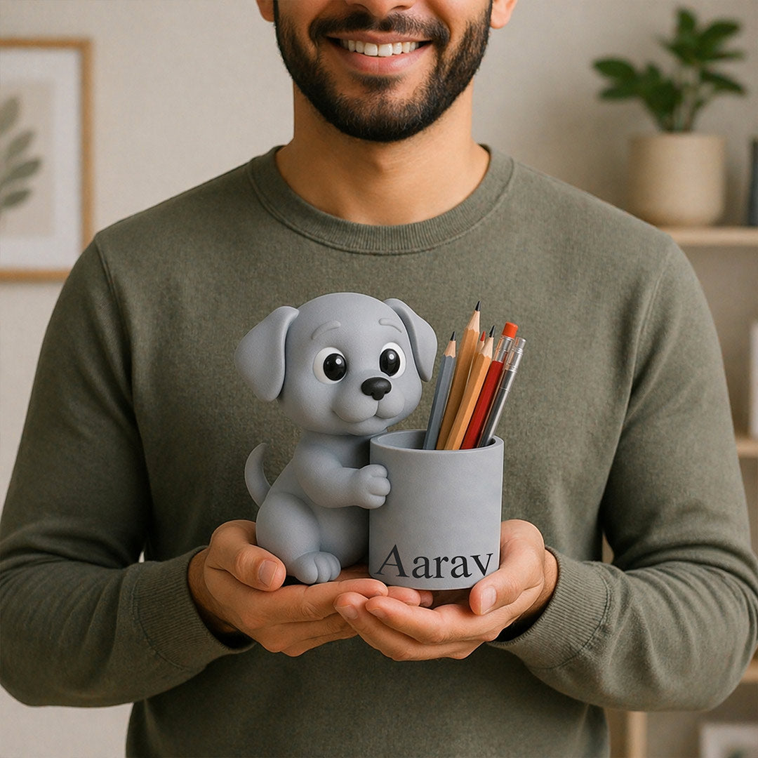 Personalized Cute Puppy Pen Holder – Custom Name Grey Puppy Desk Organizer Gift | Love Craft Gifts™