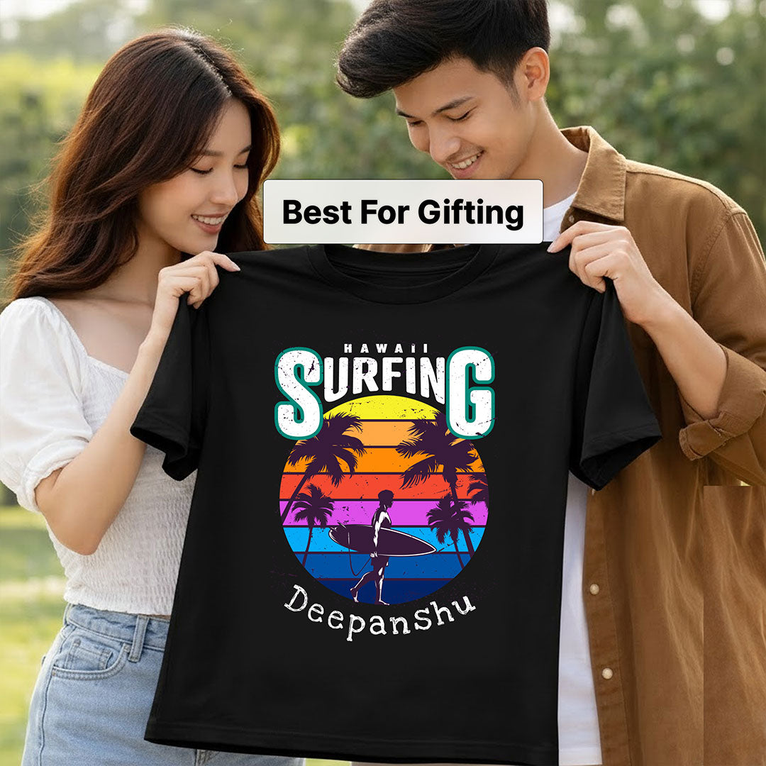 Personalized Hawaii Surfing Black T-Shirt – Custom Name Printed | Love Craft Gifts