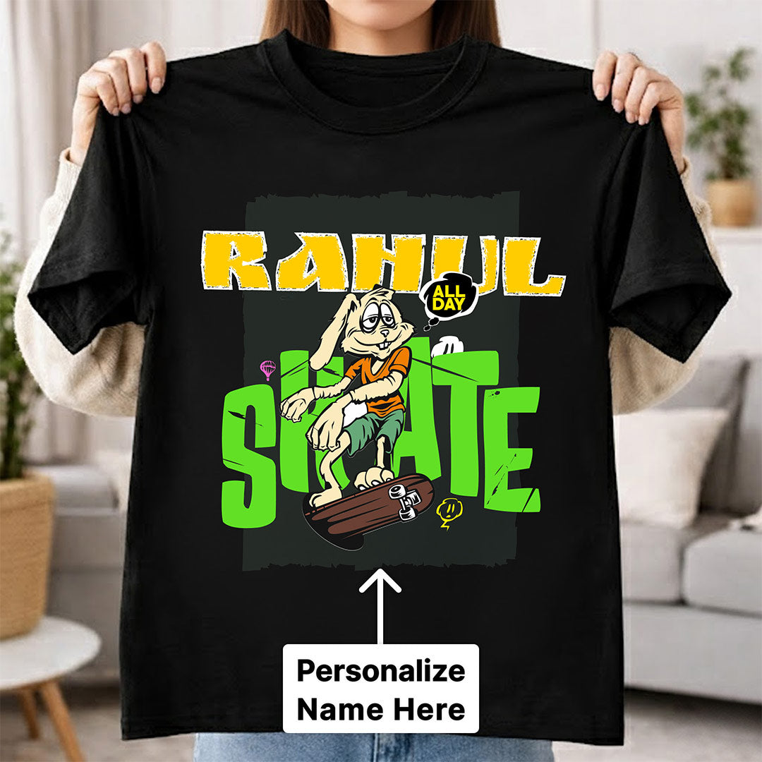 Personalized Skater Bunny Name T-Shirt for Men & Women – Custom Printed Black Street Style Tee | Love Craft Gifts