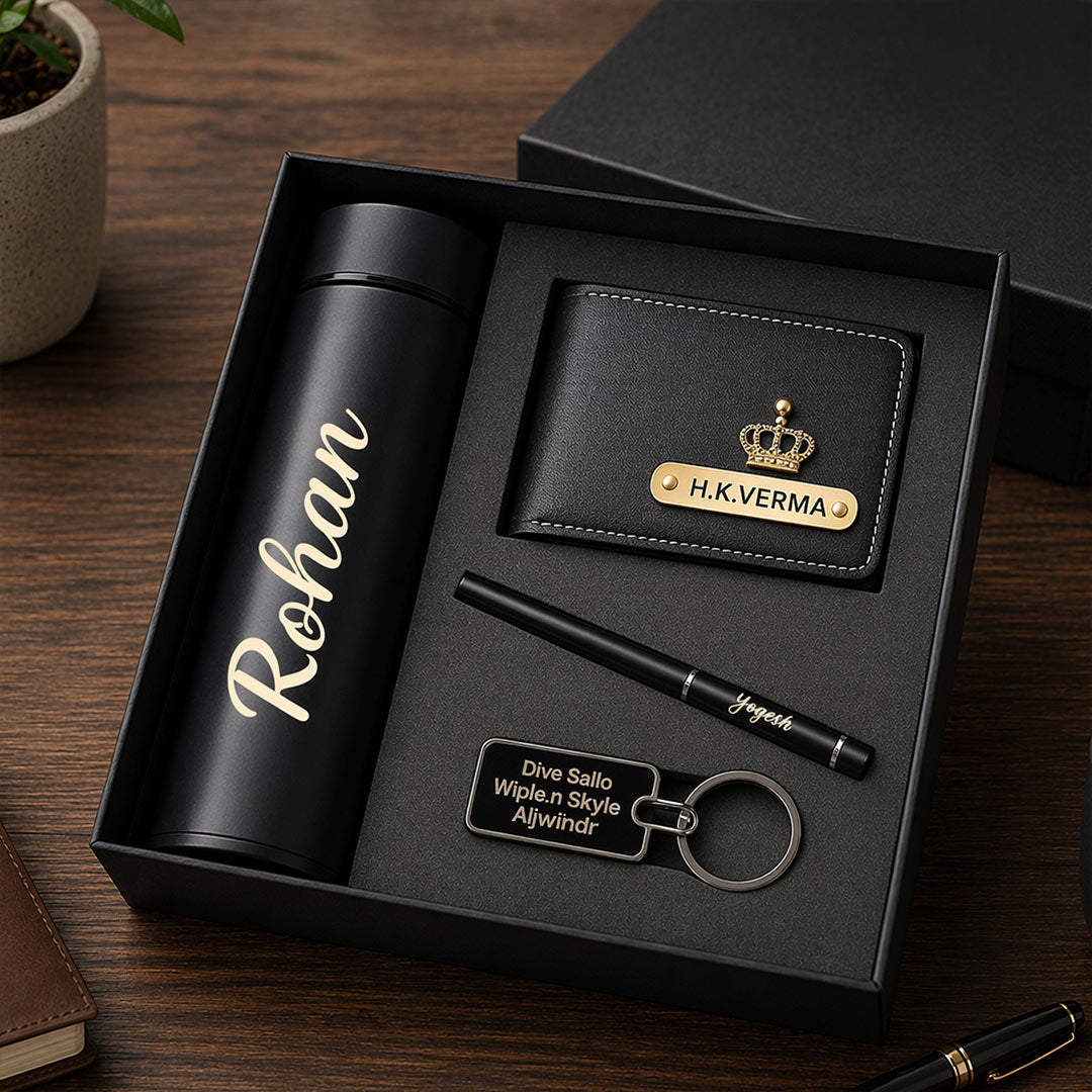 Personalized Premium Gift Set for Men – Custom Name Wallet, Bottle, Pen & Keychain Combo | Love Craft Gifts™