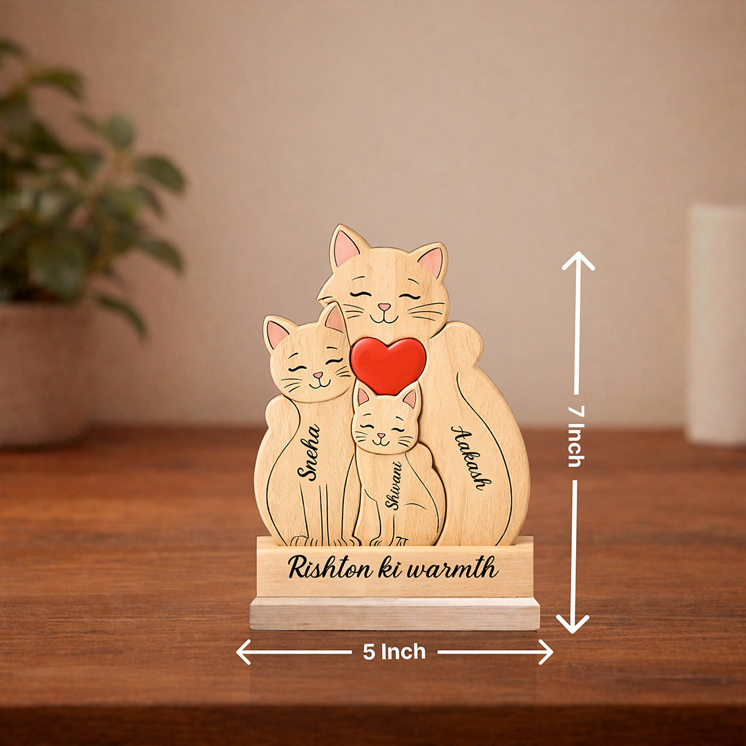 Personalized “Rishton Ki Warmth” Wooden Family Cats Name Stand Custom Name Print (5x7 Inch) Cute Desk Decor Gift for Family, Couples & Kids | Love Craft Gifts