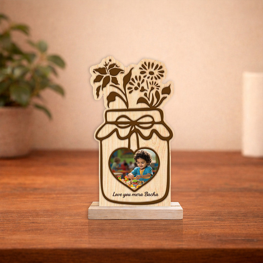 Personalized Wooden Jar Photo Frame for Kids – Custom Baby Photo Stand Gift (8x4 Inch) | Love Craft Gifts