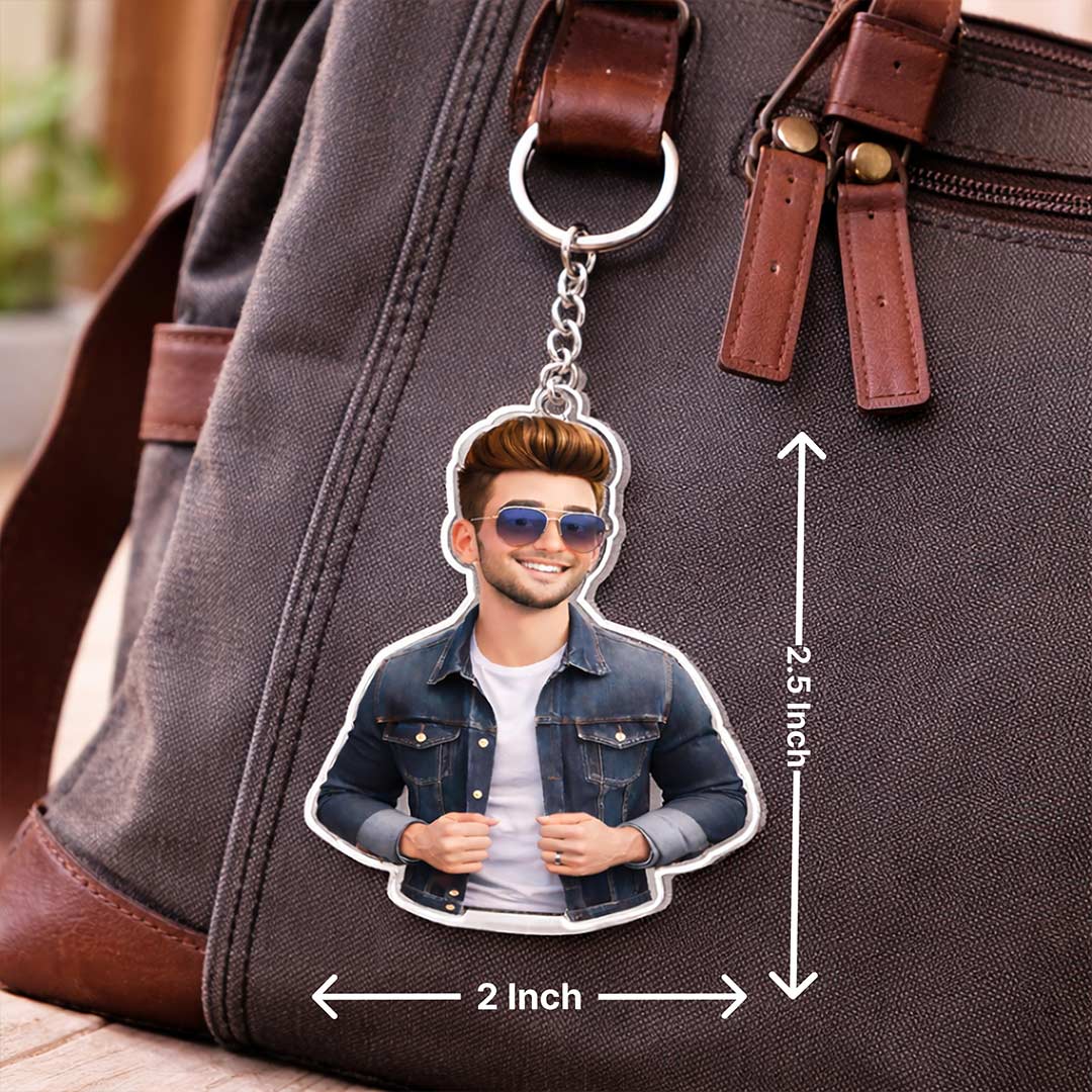 Personalized Boy Cartoon Acrylic Keychain – Custom Photo Stylish Character Keyring (2x2.5 Inch) | Love Craft Gifts