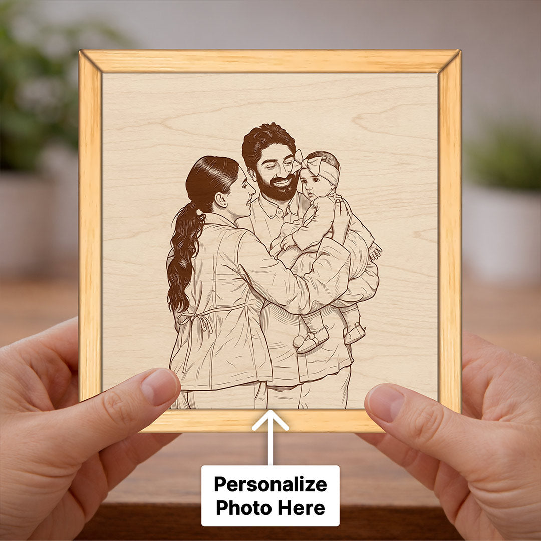 Personalized Family Sketch Wooden Frame Custom Photo Engraved Wall Decor 8x8" | Love Craft Gifts