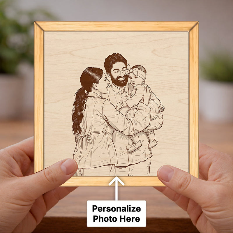 Personalized Family Sketch Wooden Frame Custom Photo Engraved Wall Decor 8x8" | Love Craft Gifts