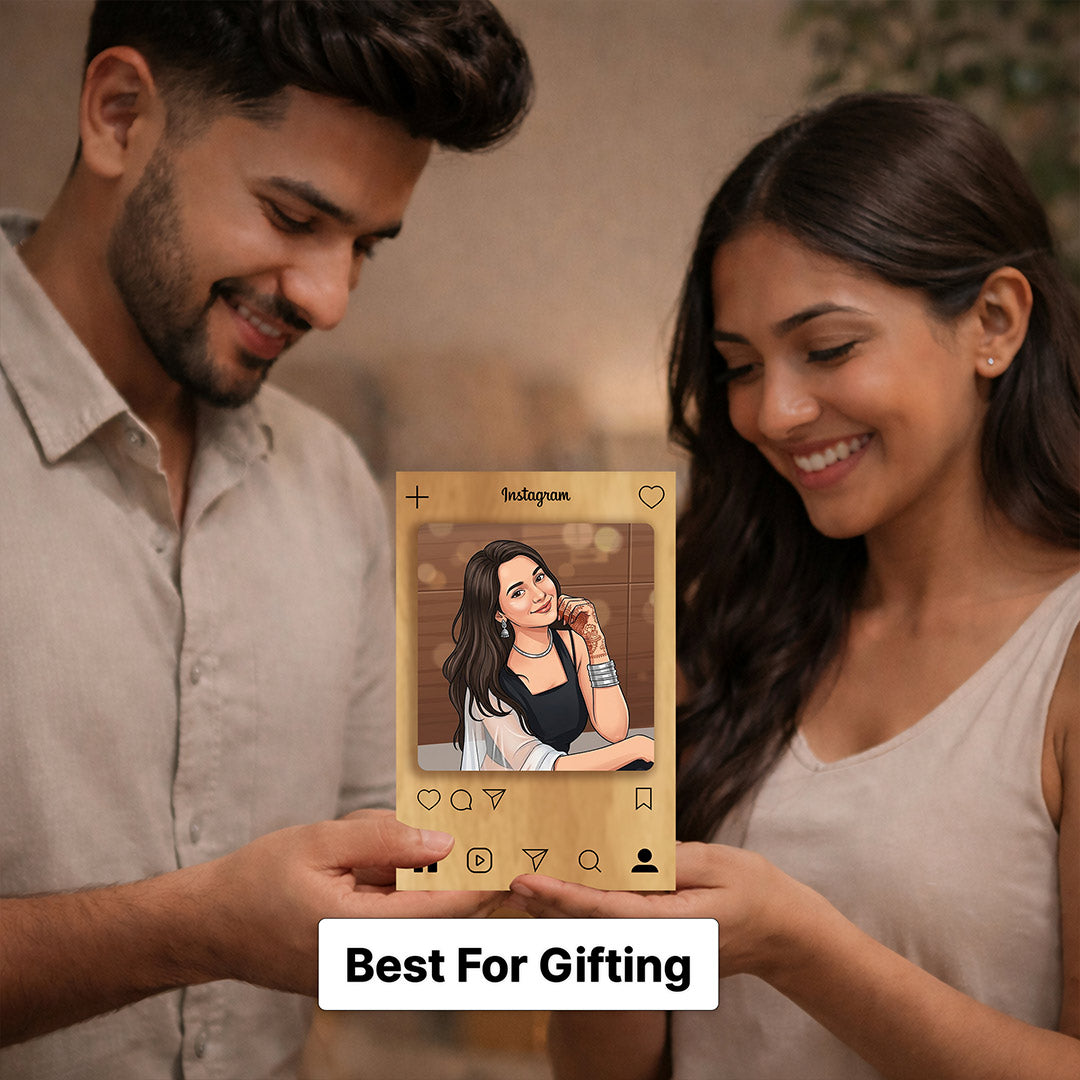 Personalized Instagram Wooden Photo Frame Table Stand – Custom Cartoon Photo Frame Gift (4x6 Inch) for Girls, Friends & Couples | Love Craft Gifts