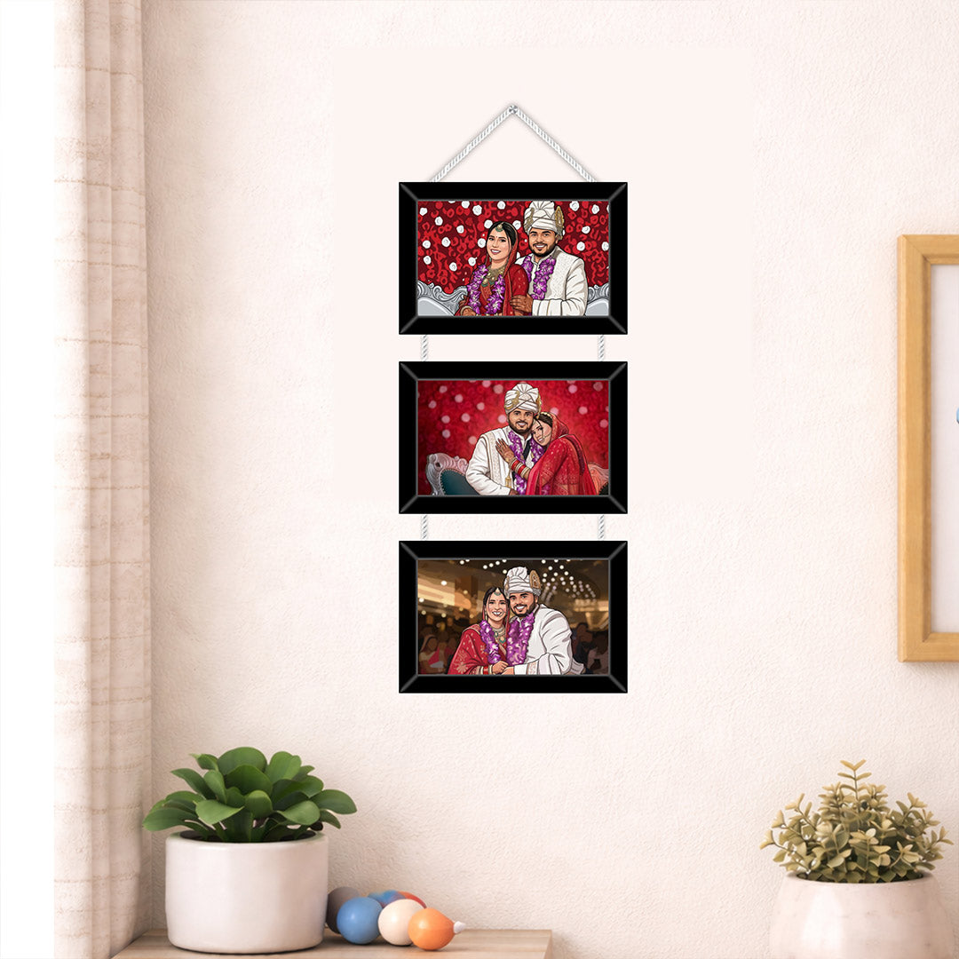 Personalized 3 Photo Hanging Frame – Custom Cartoon Couple Wall Décor (6x14 Inch) | Love Craft Gifts
