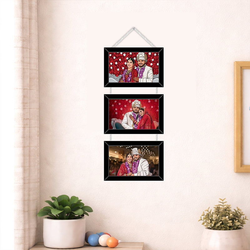Personalized 3 Photo Hanging Frame – Custom Cartoon Couple Wall Décor (6x14 Inch) | Love Craft Gifts