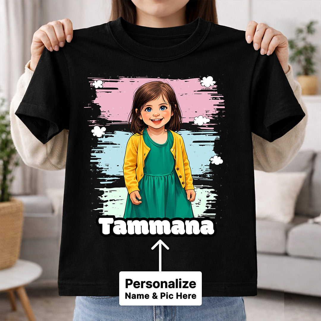 Personalized Cute Girl Photo T-Shirt – Custom Name & Picture Printed Black Tee for Girls | Love Craft Gifts