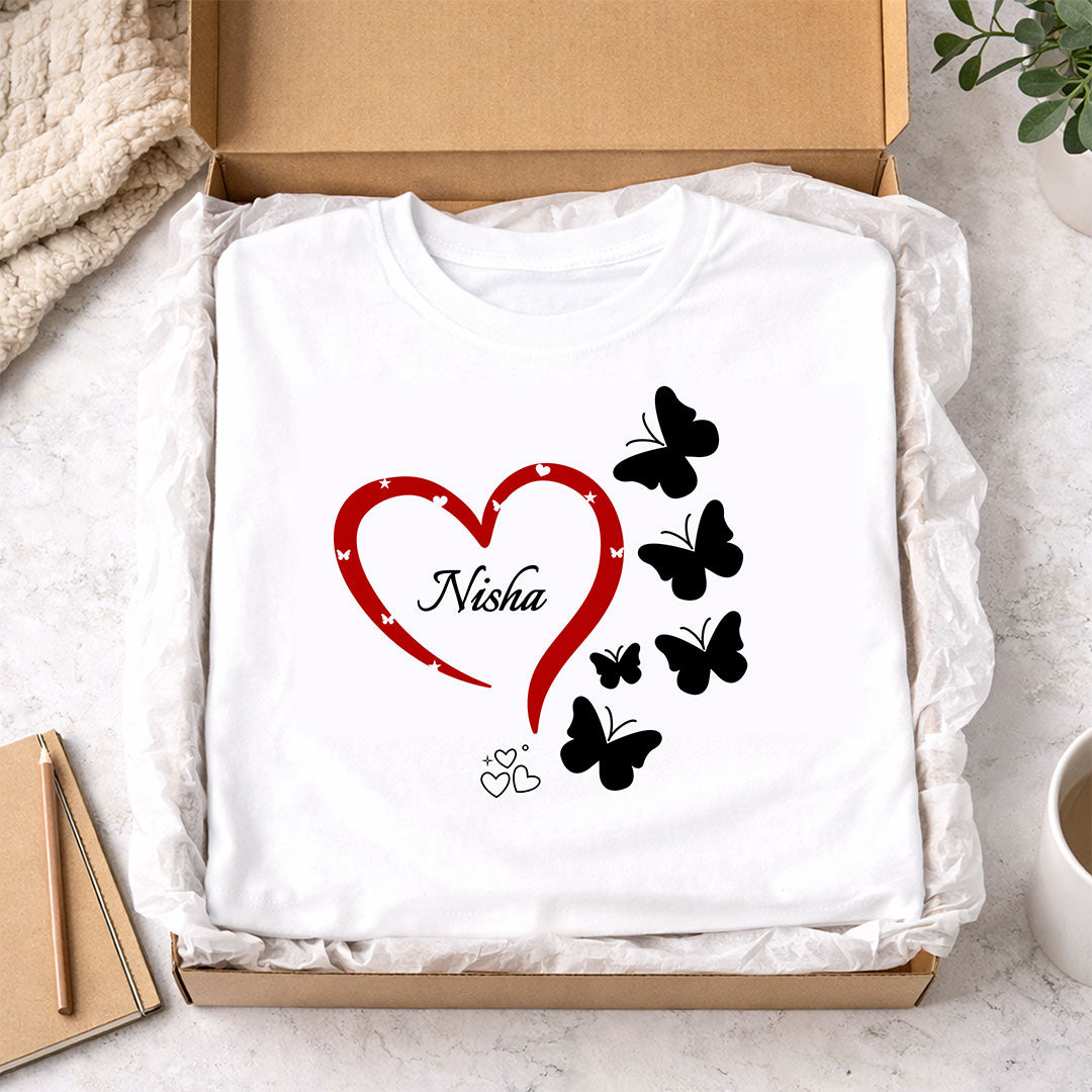 Personalized Heart & Butterfly Name Print White T-Shirt – Unisex Casual Wear | Love Craft Gifts