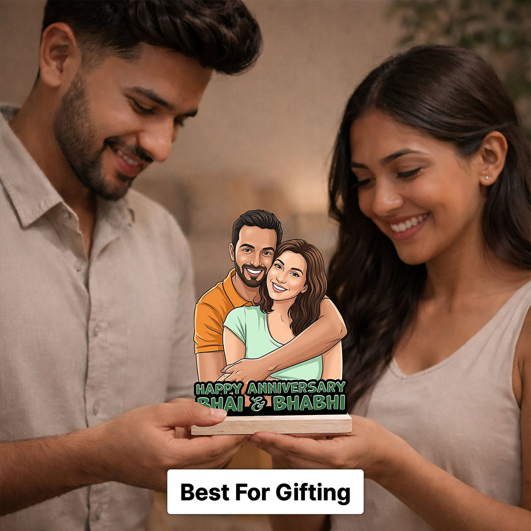 Personalized Anniversary Cartoon Wooden Table Stand – Custom Photo Cutout Gift for Bhai & Bhabhi (6x8 Inch) | Love Craft Gifts™