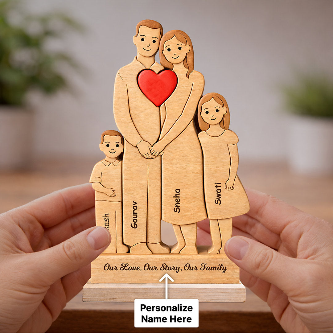 Personalized Wooden Family Figurine Table Stand (5x8 Inch) – Custom Name Family Décor Gift with Heart Design for Parents, Anniversary & Home Decoration | Love Craft Gifts